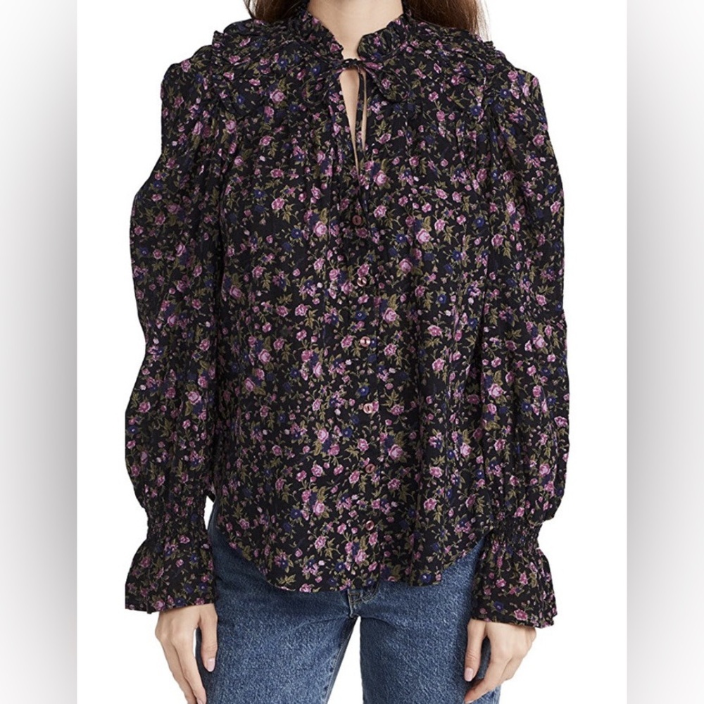 Free People Black and Purple Floral Blouse  Size S 100% Cotton - Picture 2 of 15